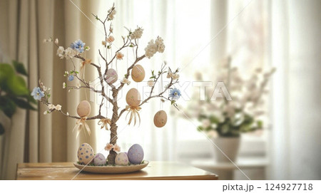 Easter home interior. Easter tree with pastel colored eggs, flowers and ribbons on wooden table. 124927718