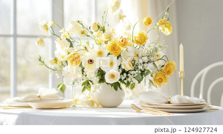 Easter table setting. White yellow colors, dishes, golden cutlery, napkins, flowers in center. Easter table setting. White yellow colors, dishes, golden cutlery, napkins, flowers in center. 124927724