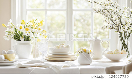 Beautifully styled Easter brunch with daffodils, Easter eggs, white ceramics, cozy light palette. 124927729