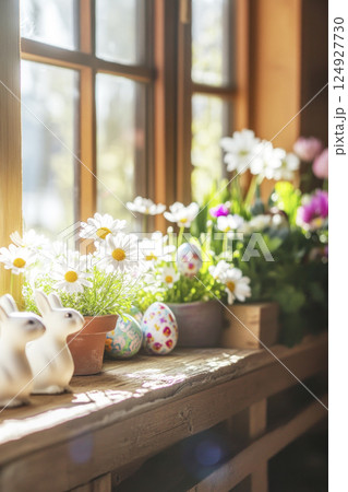 Easter on window Wooden windowsill with ceramic bunnies, Easter eggs, flowers Soft light Cottagecore 124927730