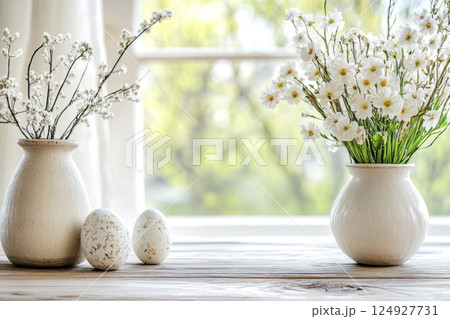 Minimal Scandinavian style interior featuring wooden table by window with Easter eggs, fresh flowers 124927731
