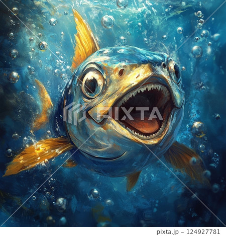 Fish opening mouth underwater, showing teeth and tongue 124927781