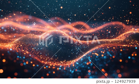 Dynamic abstract waves with glowing points of light in a futuristic night scene. Big Data Analysis 124927939