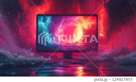Computer screen showing a colorful abstract vortex emerging from water surface 124927955