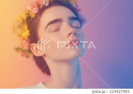 Studio portrait of a beautiful androgynous men with closed eyes wearing a flower crown 124927983