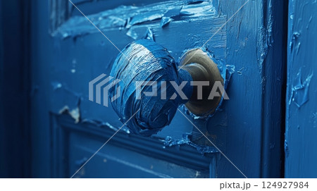 Old blue door handle showing multiple layers of paint on wooden door 124927984