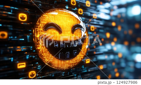 Laughing emoji showing teeth on digital abstract background 124927986