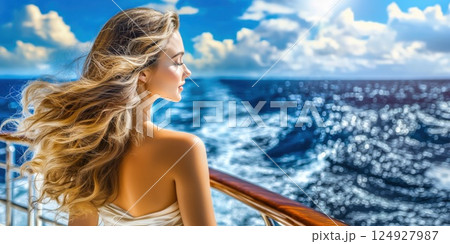 Beautiful blonde woman enjoying luxurious yacht cruise on sunny day 124927987