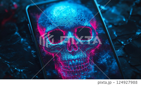 Fingerprint skull glowing on smartphone screen: cyber security threat 124927988