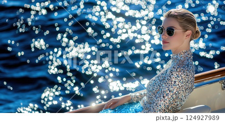 Elegant woman enjoying luxurious yacht trip on sparkling blue water 124927989