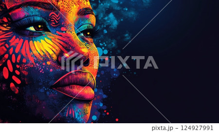 Colorful woman face emerging from darkness representing diversity and beauty 124927991