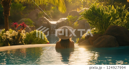 Woman wearing sun hat enjoying relaxing in infinity pool with tropical waterfall at sunset 124927994