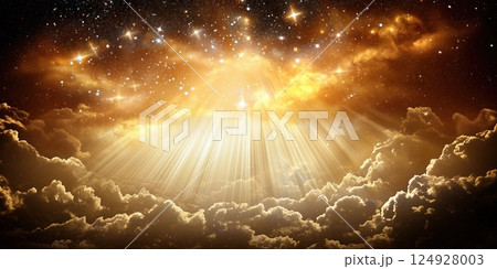 Golden light shining through heavenly clouds and starry sky 124928003