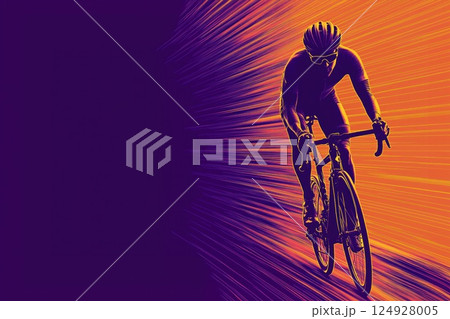 Professional cyclist riding road bicycle at high speed with motion blur effect 124928005