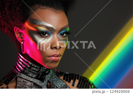 Futuristic woman with colorful makeup posing under rainbow light 124928008