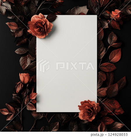 A blank white sheet of paper is framed by red autumn leaves on a black background, creating a striking and elegant border. 124928033