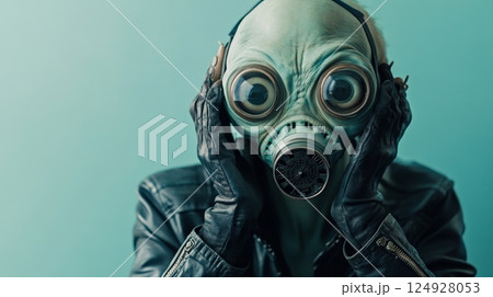 Alien cosplayer wearing gas mask and leather jacket posing with hands on headset Alien cosplayer wearing gas mask and leather jacket posing with hands on headset 124928053