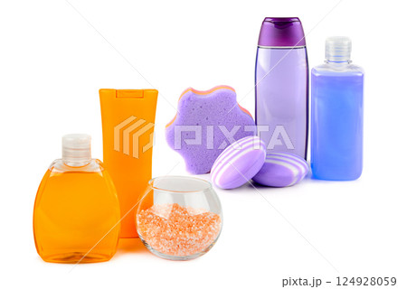 Lavender shampoo, soap, Oils and lotions with orange extract isolated on white background. 124928059