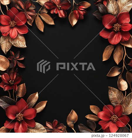 A striking black background frames vibrant red flowers and leaves, arranged elegantly to create a bold and decorative natural border with vivid contrast. 124928067