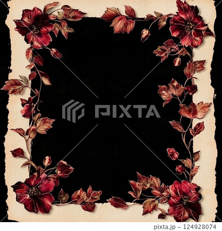 A striking black background frames vibrant red flowers and leaves, arranged elegantly to create a bold and decorative natural border with vivid contrast. 124928074