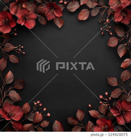 A striking black background frames vibrant red flowers and leaves, arranged elegantly to create a bold and decorative natural border with vivid contrast. A striking black background frames vibrant red flowers and leaves, arranged elegantly to create a bold and decorative natural border with vivid contrast. 124928075