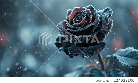 Frozen rose blooming in winter wonderland with falling snow 124928100