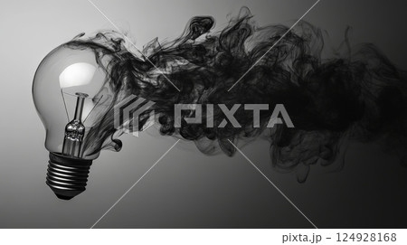 Light bulb emitting black smoke on a gradient background 124928168
