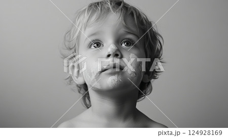 Toddler looking up with sunscreen on face: black and white portrait 124928169