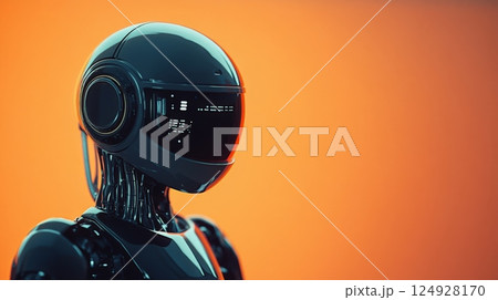 Futuristic robot showing artificial intelligence processing data on orange background 124928170