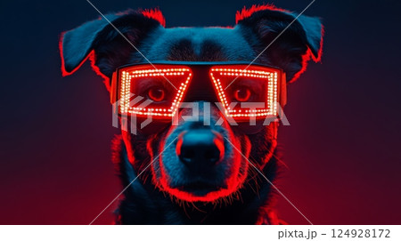 Black dog wearing futuristic red led glasses in dark studio 124928172