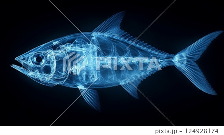 Glowing blue x-ray of fish skeleton showing anatomy 124928174