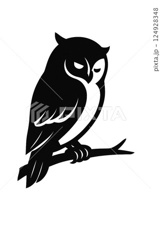 翼を広げて飛び立つフクロウのシルエットイラスト 124928348