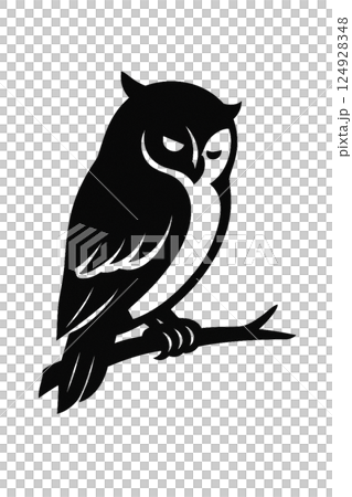 翼を広げて飛び立つフクロウのシルエットイラスト 124928348