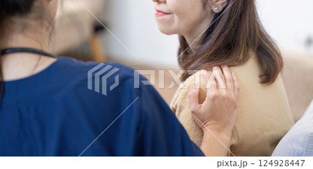 Caregiver checking symptoms of elderly patient with nurse and doctor in comfortable home environment Caregiver checking symptoms of elderly patient with nurse and doctor in comfortable home environment 124928447