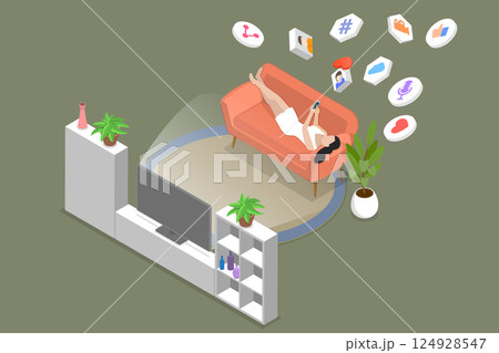 3D Isometric Flat Vector Illustration of Internet Addiction, Sedentary Lifestyle 124928547