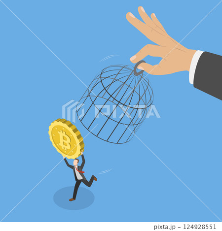 3D Isometric Flat Vector Illustration of Cryptocurrency Regulation, Government Trying to Control Crypto 124928551