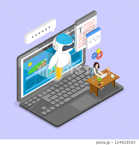 3D Isometric Flat Vector Illustration of Artificial Intelligence In Business, Prompt Engineering 124928585