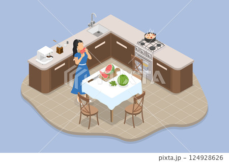 3D Isometric Flat Vector Illustration of Healthy Snack, Female Preparing Fresh Watermelon For Nutritious Snack In Detox Menu 124928626