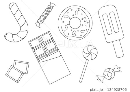 Outline set of sweets. Candy theme flat vector elements each isolated on white background. 124928706
