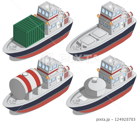 Set of cargo ships. Isometric. Isolated on white background. Vector illustration. 124928783