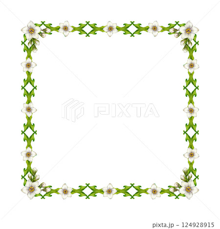 Watercolor floral frame with green vine, leaves, white flowers. Square frame template. Elegant and natural style, perfect for wedding invitations, greeting cards, quotes, or eco-friendly branding Watercolor floral frame with green vine, leaves, white flowers. Square frame template. Elegant and natural style, perfect for wedding invitations, greeting cards, quotes, or eco-friendly branding 124928915