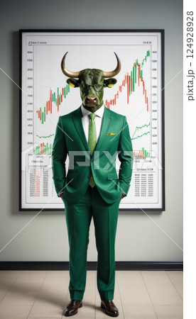 illustration of green bull in business suit with stock chart behind him 124928928