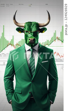 illustration of green bull in business suit with stock chart behind him 124928929