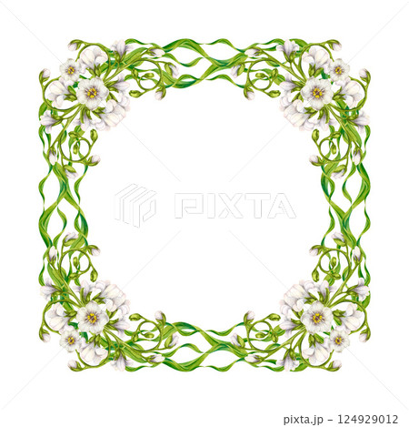 Watercolor floral frame with green vine, leaves, white flowers. Square frame template. Elegant and natural style, perfect for wedding invitations, greeting cards, quotes, or eco-friendly branding 124929012