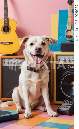 illustration of a dog inside a music studio with acoustic guitar and speakers in the background 124929057