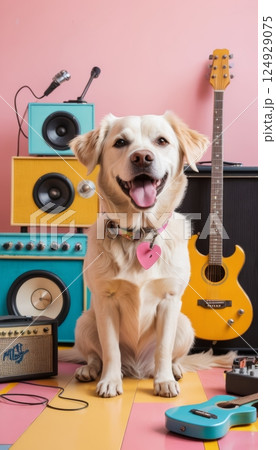 illustration of a dog inside a music studio with acoustic guitar and speakers in the background 124929075