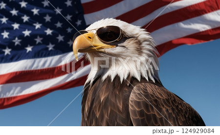 portrait of an american bald eagle with cool attitude and sunglasses and in the background the flag of the united states of america waving 124929084