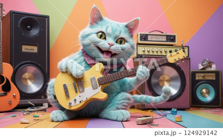 illustration of a cat playing guitar and singing in a music studio with big speakers with pastel colors 124929142