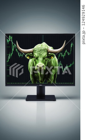 illustration of green bull with a monitor stock chart behind him, generative ai 124929146