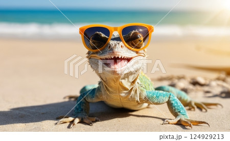 illustration of a smiling lizard wearing sunglasses enjoying the sun on the beach by the sea on a summer day 124929213